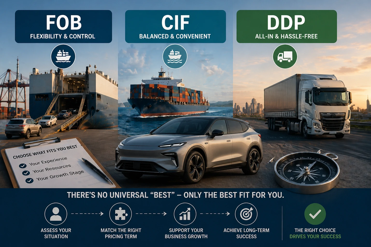 FOB vs. CIF vs. DDP beim Autoexport: Welcher Preisbegriff für Sie am besten geeignet ist